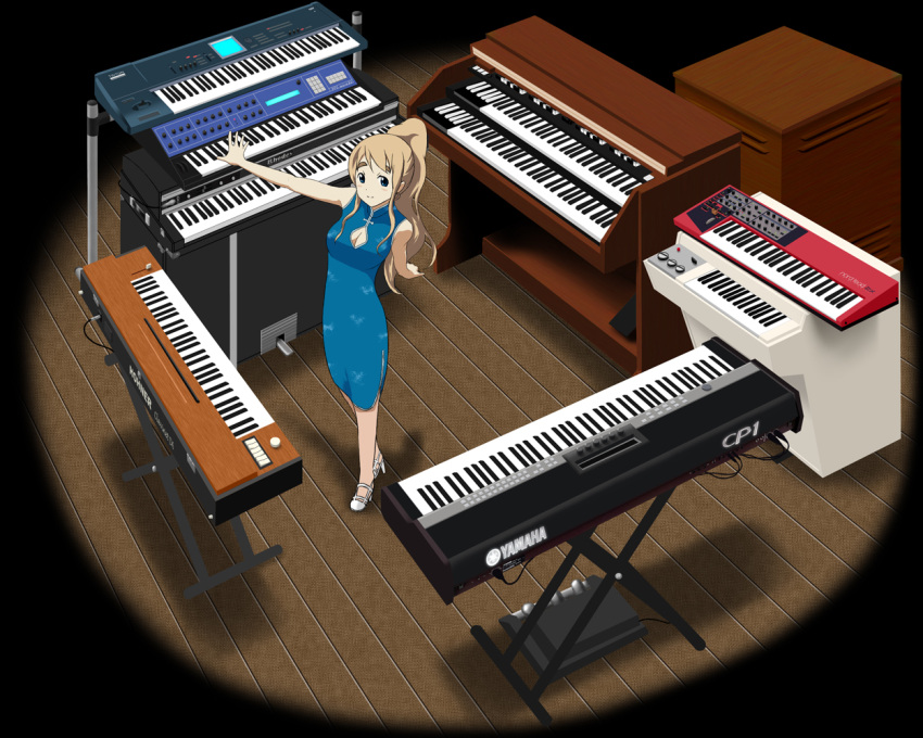 blonde_hair blue_eyes breasts china_dress chinese_clothes cleavage cleavage_cutout eyebrows instrument k-on! keyboard_(instrument) kotobuki_tsumugi long_hair mellotron organ piano ponytail product_placement richard_crazyman solo synthesizer