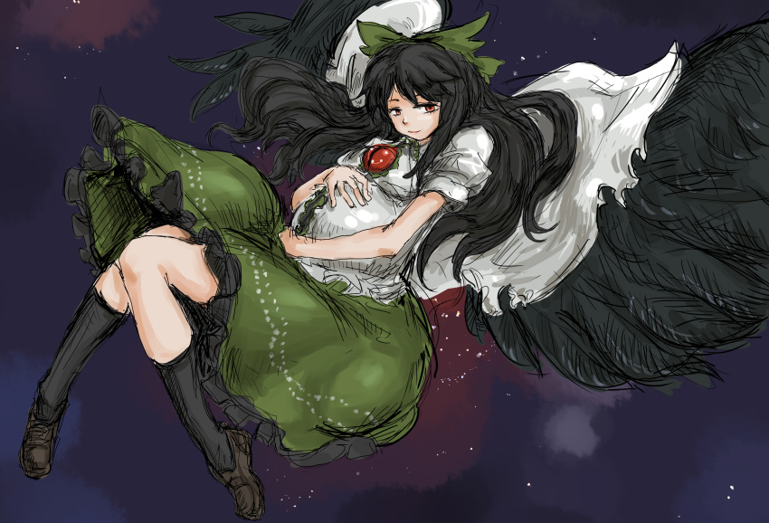 bow cape eyes hair_bow highres long_hair michael-x pregnant red_eyes reiuji_utsuho smile solo touhou wings