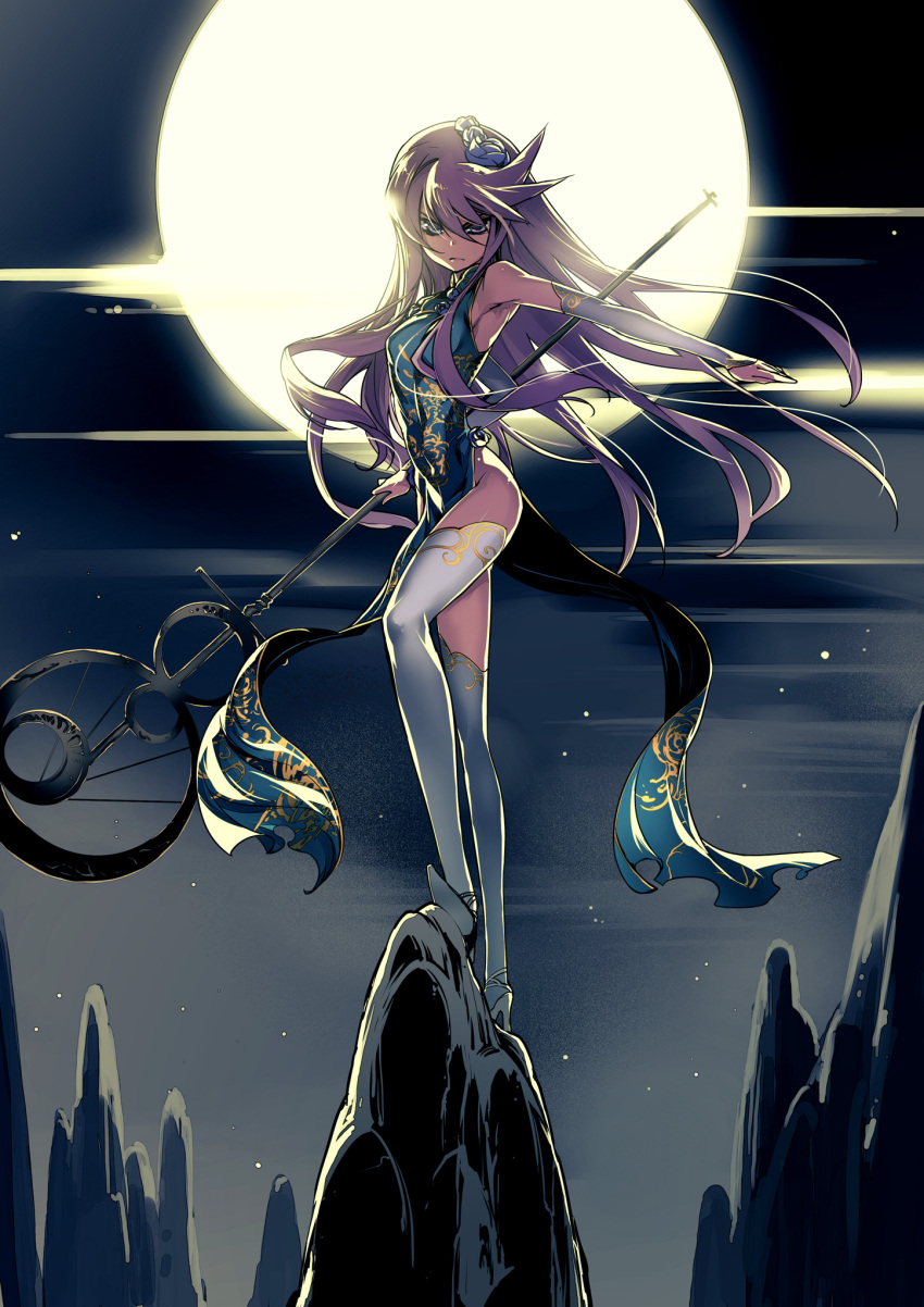 alternate_costume backlighting blue_eyes boots china_dress chinese_clothes cure_moonlight dress elbow_gloves fingerless_gloves flower full_moon gloves hair_flower hair_ornament heartcatch_precure! highres ishida_akira legs long_hair long_legs magical_girl moon phantas-moon precure purple_hair sky solo staff star_(sky) starry_sky thighhighs thighs tsukikage_yuri type-moon white_legwear