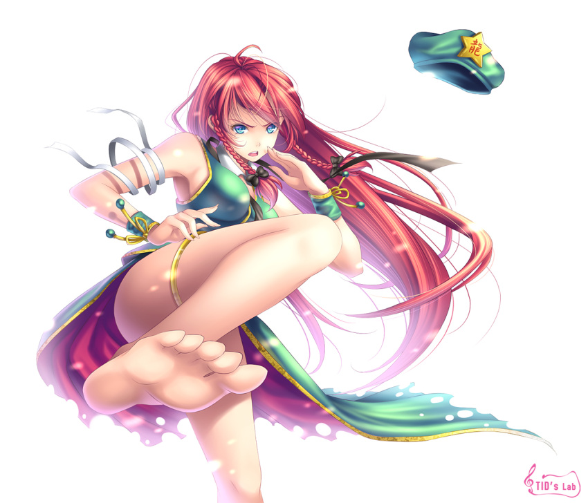 1girl blue_eyes braid china_dress chinese_clothes feet hat hat_removed headwear_removed hong_meiling kicking legs long_hair pov_feet red_hair redhead soles tidsean toes touhou twin_braids