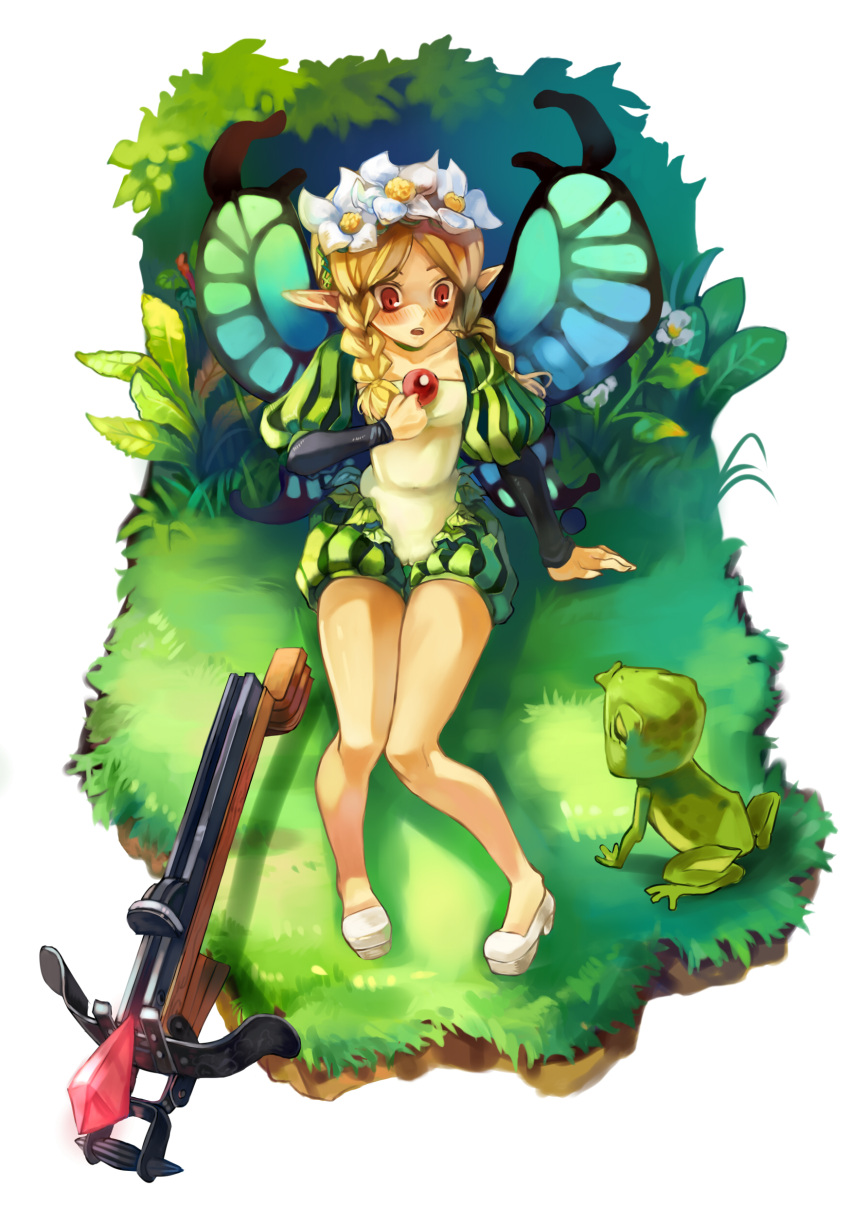 blonde_hair blush bow_(weapon) butterfly_wings crossbow fairy flower frog hair_flower hair_ornament highres kamisakai mercedes o3o odin_sphere pointy_ears red_eyes weapon wings