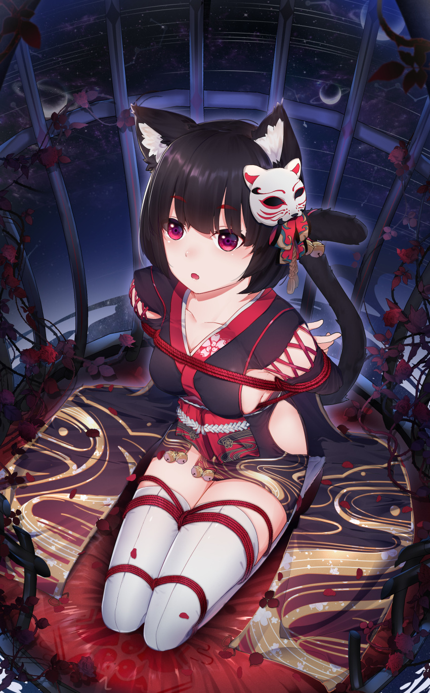 7t absurdres animal_ear_fluff animal_ears arms_behind_back azur_lane bdsm black_hair bondage bound bound_arms bound_legs breasts cage cat_ears cat_girl cat_tail chinese_commentary collarbone commentary_request cushion dutch_angle from_above full_body highres in_cage japanese_clothes kimono kneeling large_breasts looking_at_viewer looking_up mask mask_on_head obi obijime open_mouth petals plant red_eyes red_rope rope sash seiza shibari short_hair short_kimono sideboob sitting sleeveless sleeveless_kimono tail thick_eyebrows thigh-highs thorns vines white_legwear yamashiro_(azur_lane)