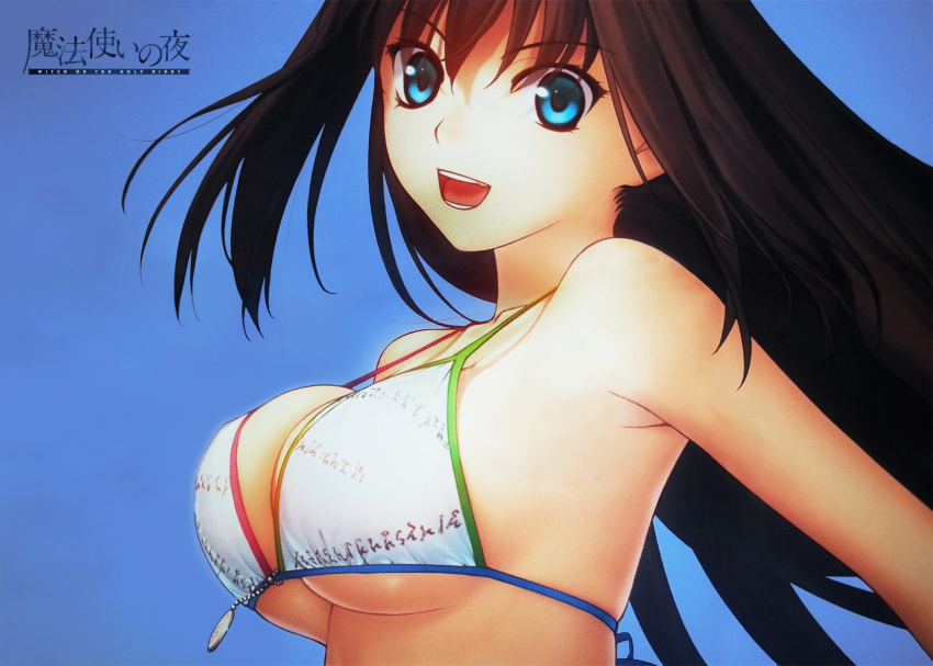 bikini_top blue_eyes breasts bust highres koyama_hirokazu large_breasts mahou_tsukai_no_yoru official_art open_mouth skindentation smile swimsuit type-moon underboob