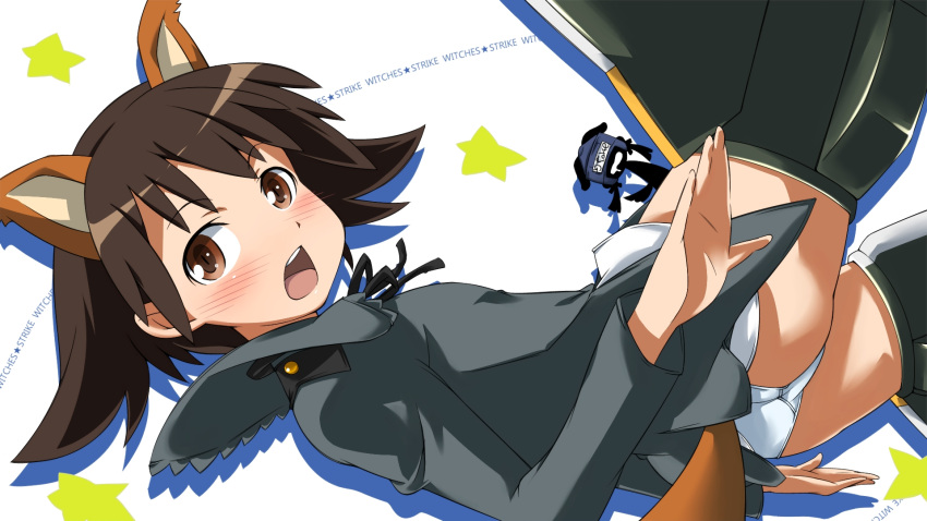 animal_ears blush brown_eyes brown_hair cosplay gertrud_barkhorn gertrud_barkhorn_(cosplay) highres military military_uniform miyafuji_yoshika no_pants one-piece_swimsuit open_mouth panties saliva school_swimsuit school_uniform silhouette smile solo strike_witches striker_unit swimsuit swimsuit_on_head tail twintails underwear uniform