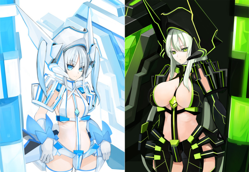 2girls breasts flat_chest gloves green_eyes large_breasts long_hair multiple_girls original pupps smile trap twintails white_hair
