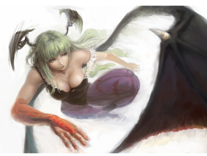 1girl breasts capcom cleavage darkstalkers demon_girl down_blouse from_above mole morrigan_aensland occult_soda pantyhose print_pantyhose purple_pantyhose solo succubus vampire_(game) wings