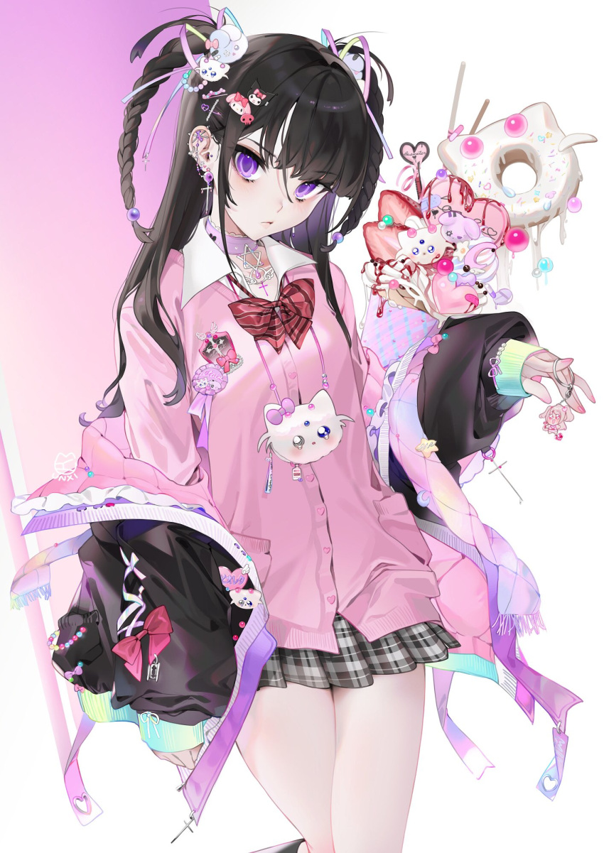 1girl bangs black_hair blush braid clothes_around_waist collared_shirt cross crossed_legs ear_piercing earrings eyebrows_visible_through_hair hair_ornament hair_ribbon hairclip hairpin heart highres jacket jacket_around_waist jewelry keychain long_hair looking_at_viewer microskirt miniskirt onegai_my_melody original pale_skin parfait piercing pink_sweater_vest razor red_neckwear revision ribbed_sweater ribbon scarf shirt simple_background skirt solo standing sweater twintails unxi violet_eyes violeta_(unxi)