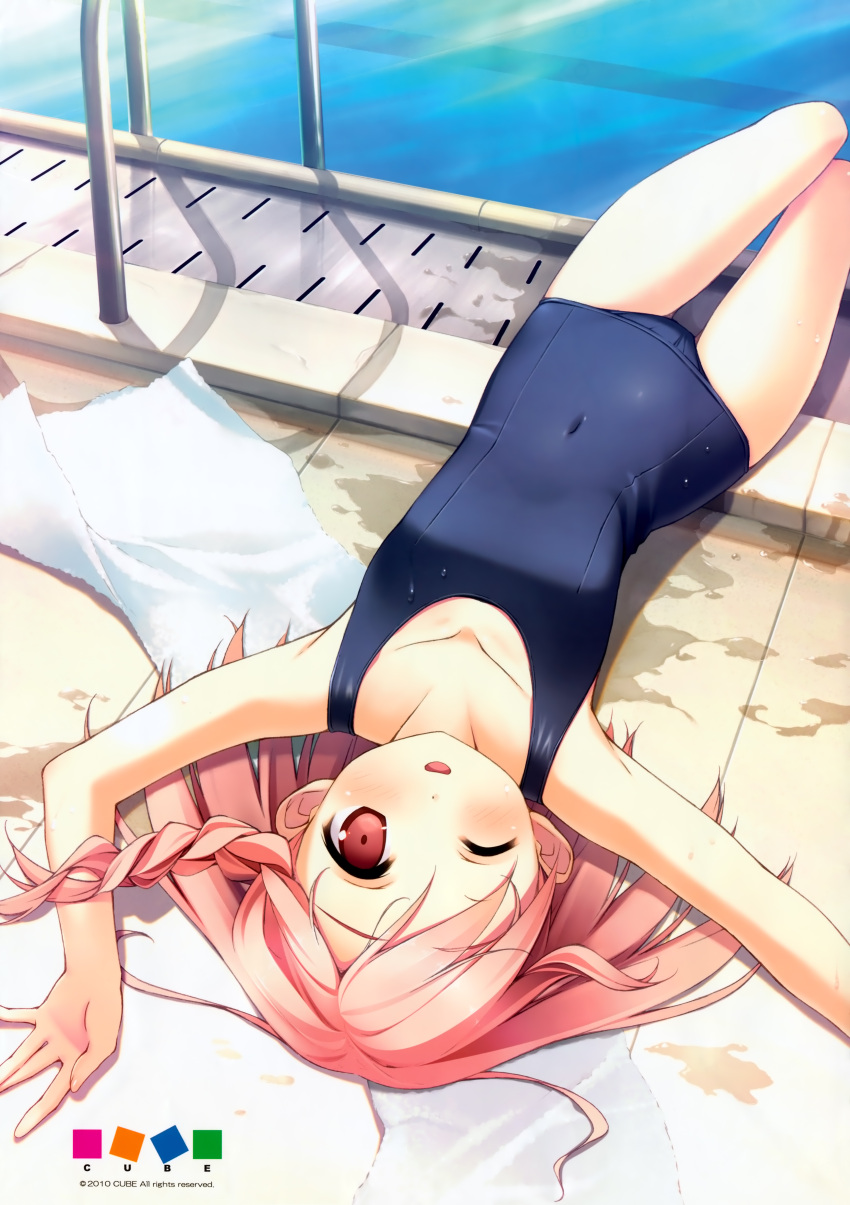 braid clothed_navel highres kantoku lying navel on_back one-piece_swimsuit pink_eyes pink_hair pool pool_ladder poolside school_swimsuit side_braid solo swimsuit towel upside-down wink your_diary yua_(your_diary)