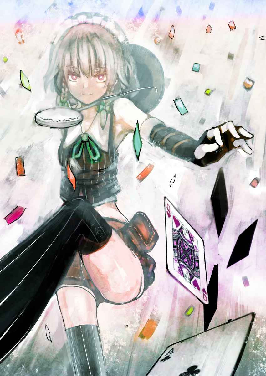 absurdres ace alternate_costume armpits bare_shoulders bow braid card cards elbow_gloves falling_card fingerless_gloves foreshortening gloves hair_bow highres izayoi_sakuya looking_at_viewer maid_headdress organ_derwald outstretched_arm playing_card pocket pocket_watch red_eyes short_hair shorts silver_hair solo thighhighs touhou twin_braids watch zettai_ryouiki