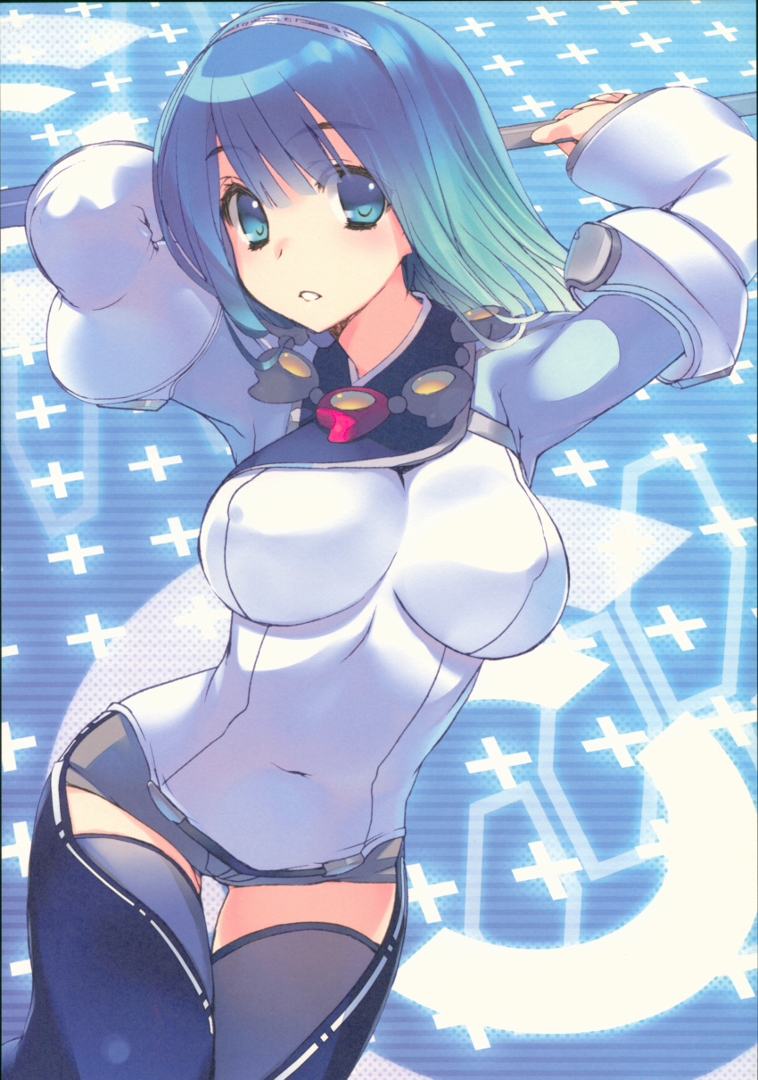 1girl absurdres arms_up bangs blue_eyes blue_hair breasts covered_navel covered_nipples e.x._troopers eyebrows_visible_through_hair gradient gradient_hair hairband highres holding large_breasts long_hair long_sleeves looking_at_viewer magatama mitsumi_misato multicolored_hair parted_lips scan simple_background solo staff thigh-highs tiki_(e.x._troopers)