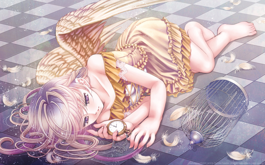 barefoot birdcage cage checkered checkered_floor dress feathers highres long_hair lying multicolored_hair on_floor on_side original plastic_moon pocket_watch purple_eyes solo violet_eyes wallpaper watch wings