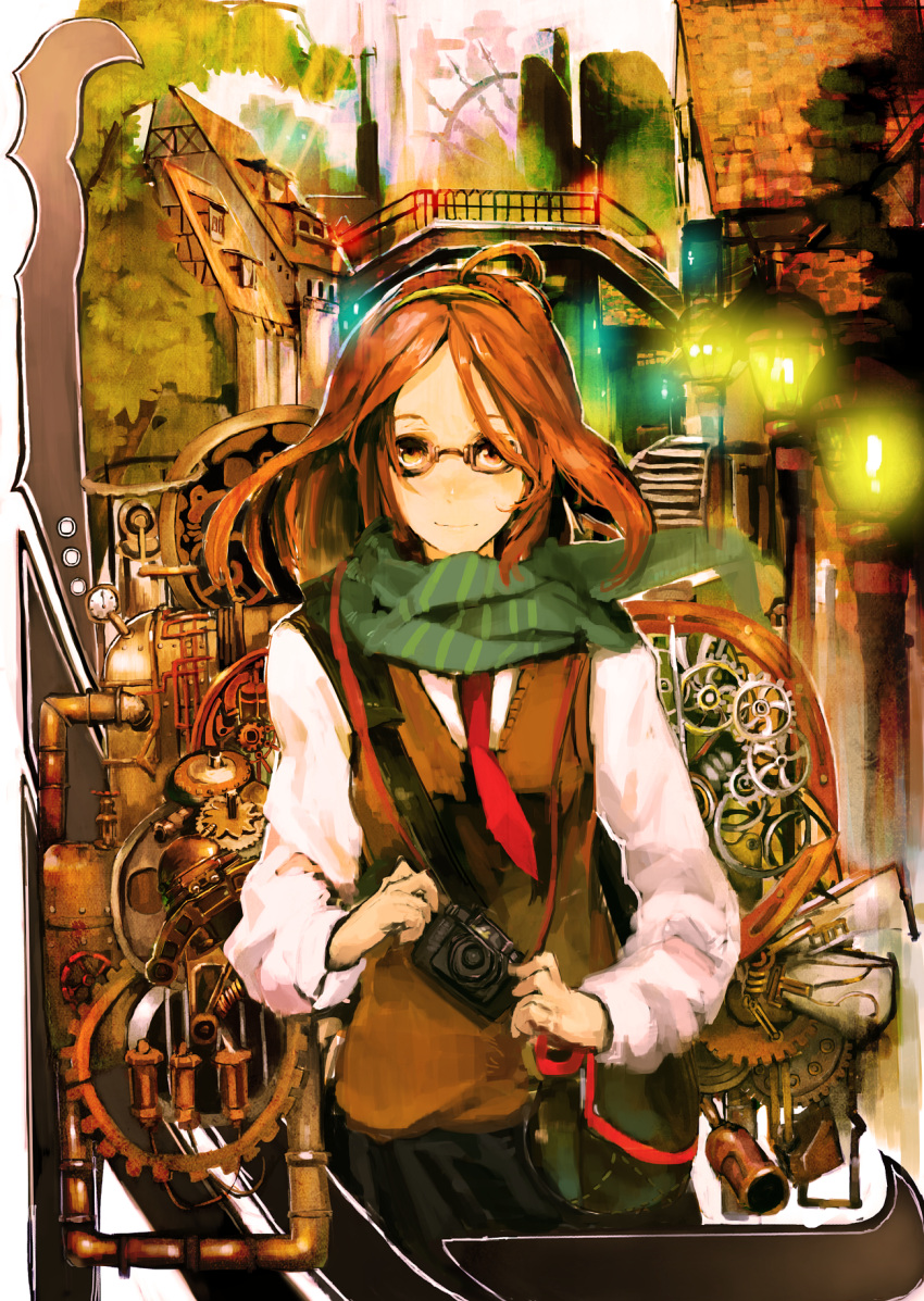 brown_eyes brown_hair camera gears glasses hairband highres lamppost long_hair long_sleeves necktie original scarf so-bin solo vest