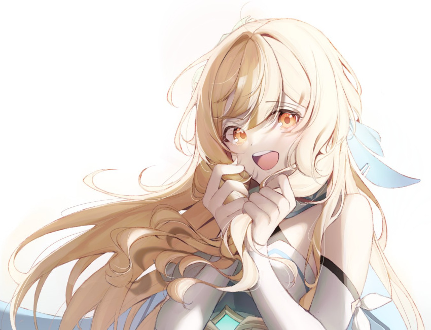 1girl :d bangs blonde_hair detached_sleeves dress eyebrows_visible_through_hair feathers genshin_impact hair_feathers holding holding_hair long_hair long_sleeves looking_at_viewer lumine_(genshin_impact) open_mouth sidelocks simple_background smile solo teeth tia_(tia_1207) white_background white_dress yellow_eyes