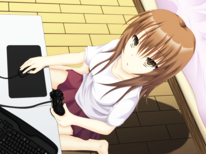 :o brown_eyes brown_hair computer_keyboard controller from_above game_controller highres keyboard large_breasts long_hair looking_up mouse original pleated_skirt shake_(ferit3) skirt solo t-shirt taut_shirt
