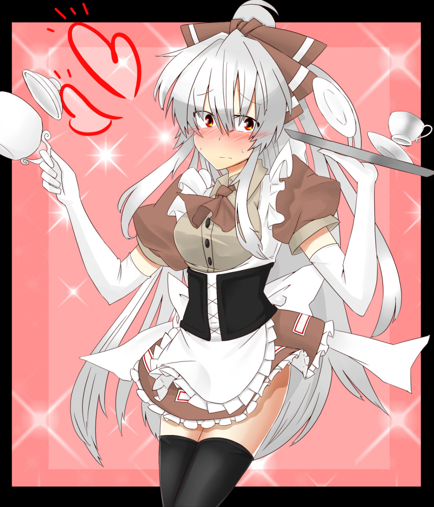 adapted_costume alternate_color alternate_costume apron ascot bangs black_legwear blush border bow breasts corset cup dress_shirt elbow_gloves embarrassed enmaided fujiwara_no_mokou gloves grey hair_bow hair_ribbon head_tilt high_ponytail highres hips large_bow long_hair looking_at_viewer maid miniskirt nose_blush payot pink_background ponytail puffy_sleeves red_eyes ribbon rinnrinn saucer shirt silver_hair skirt solo standing sweatdrop teacup teapot thighhighs thighs touhou tray very_long_hair waitress white_gloves zettai_ryouiki