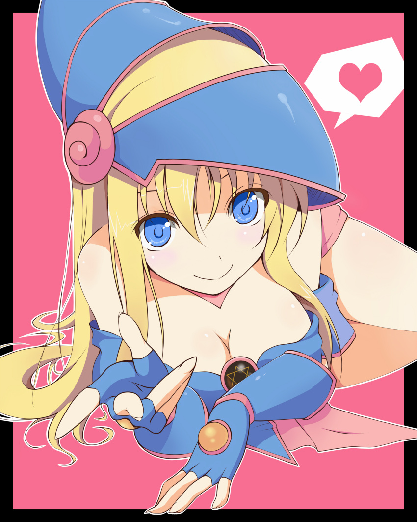 bare_shoulders blonde_hair blue_eyes breasts cleavage dark_magician_girl fingerless_gloves gloves hat heart hexagram highres hotto_kan long_hair smile solo speech_bubble spoken_heart witch_hat wizard_hat yuu-gi-ou yuu-gi-ou_duel_monsters