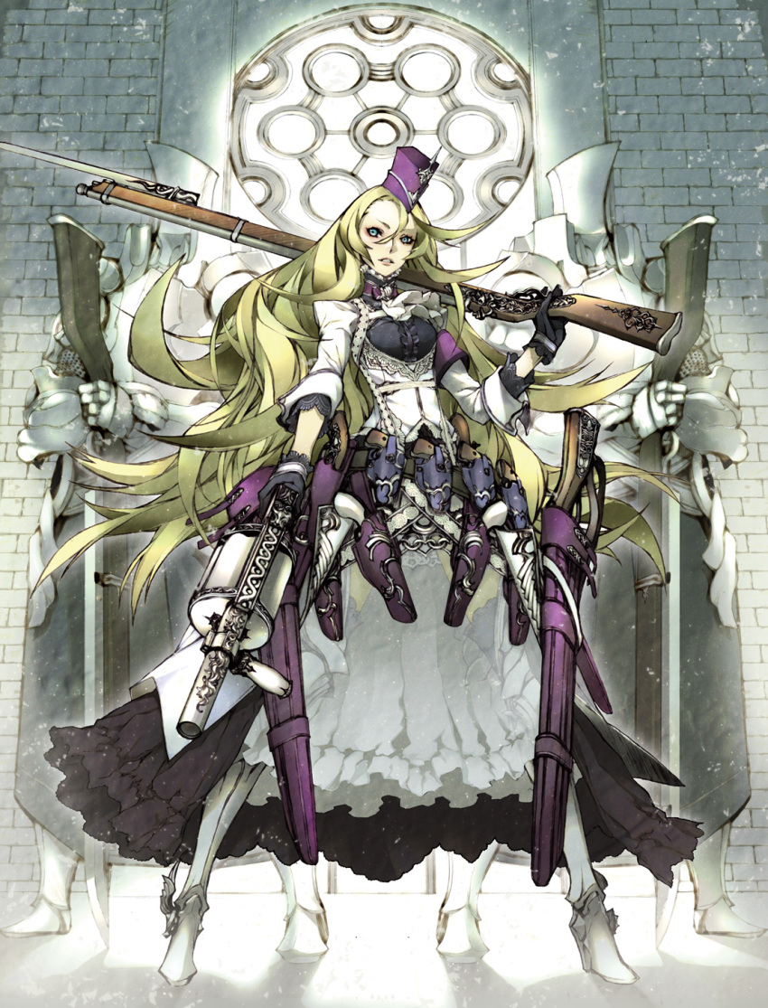 armor bayonet blonde_hair gloves gun hat highres long_hair miwa_shirou miwa_shirow original rifle shotgun solo weapon