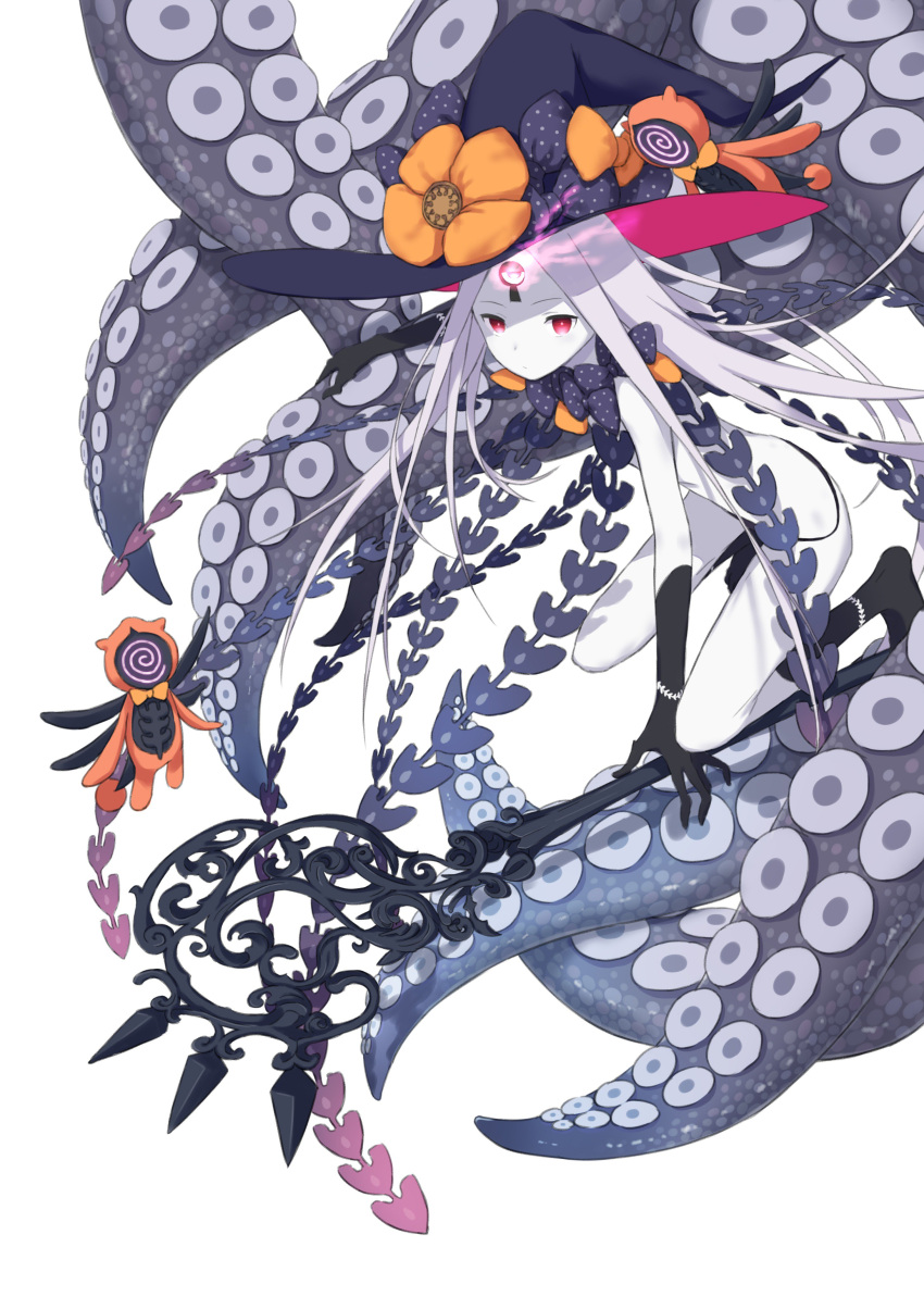 1girl abigail_williams_(fate/grand_order) absurdres bangs black_hat black_panties bow fate/grand_order fate_(series) hat highres keyhole laika_(sputnik2nd) orange_bow pale_skin panties parted_bangs polka_dot polka_dot_bow red_eyes staff suction_cups tentacle underwear white_skin witch_hat