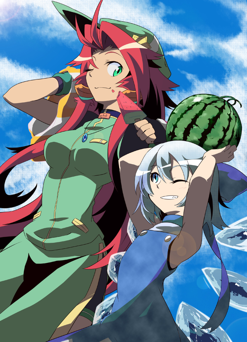 alternate_costume arms_up bike_shorts blue_eyes blue_hair bow braid china_dress chinese_clothes cirno dress fingerless_gloves food friends fruit gloves green_eyes grin hair_bow hat highres holding holding_fruit hong_meiling ichigatsu_toshikazu long_hair multiple_girls popsicle red_hair redhead short_hair smile suika_bar touhou twin_braids watermelon wings wink