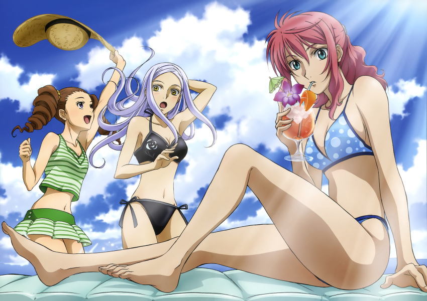 3girls absurdres aqua_eyes barefoot bikini blush breasts cleavage cloud crop_top drill_hair drink feet feldt_grace gundam gundam_00 hat highres ikeda_kayo lavender_hair long_hair midriff mileina_vashti mobile_suit_gundam_00 multiple_girls navel official_art open_mouth pink_hair polka_dot polka_dot_bikini polka_dot_swimsuit short_hair side-tie_bikini silver_hair sitting skirt sky soma_peries straw_hat striped striped_bikini striped_swimsuit sunbeam sunlight swimsuit tank_top twintails yellow_eyes