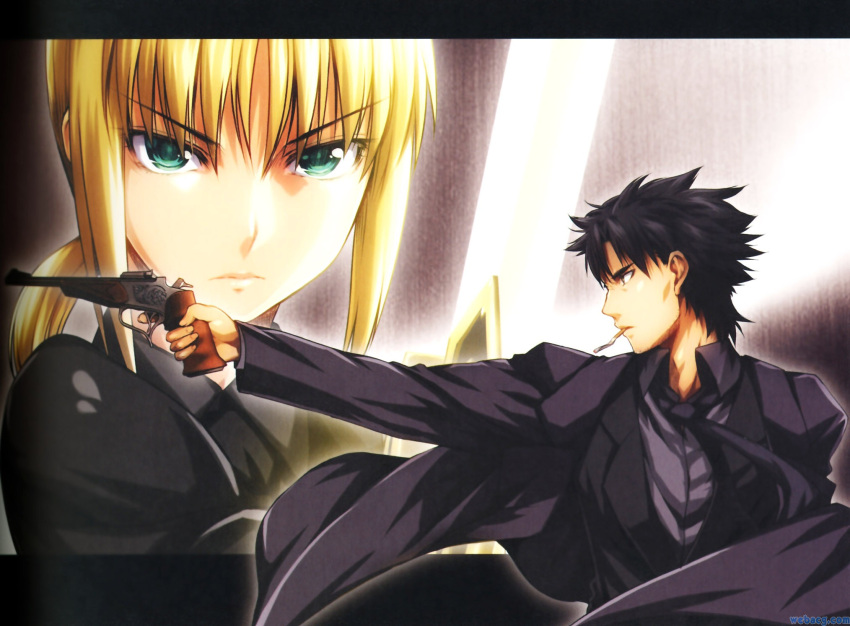 black_hair blonde_hair cigarette cocked_hammer emiya_kiritsugu fate/stay_night fate/zero fate_(series) formal green_eyes gun handgun highres necktie pistol ponytail puyo saber serious suit sword trench_coat trenchcoat watermark weapon