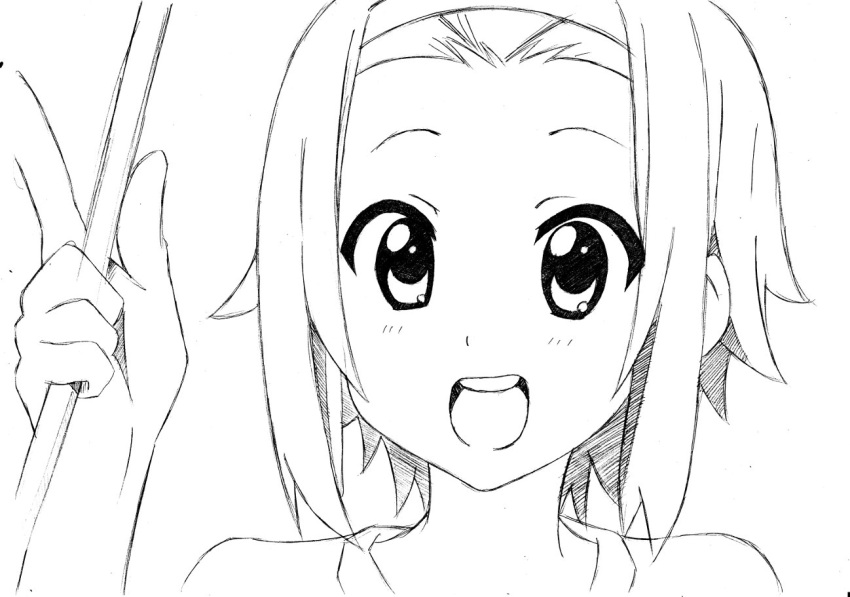 :d drumsticks hairband k-on! monochrome open_mouth short_hair smile solo tainaka_ritsu