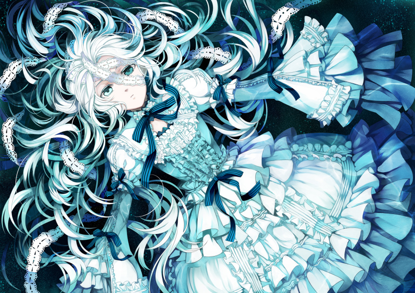 dress frills gathers gothic_lolita heterochromia highres lace lolita_fashion original osamu_(jagabata) ribbon solo water white_hair