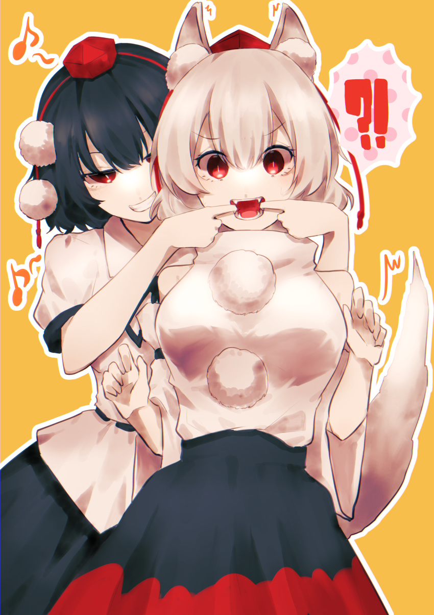 !? 2girls absurdres animal_ears bangs bare_shoulders black_bow black_bowtie black_hair black_skirt bow bowtie breasts closed_mouth collar collared_shirt detached_sleeves eyebrows_visible_through_hair fang fangs hair_between_eyes hands_up hat highres inubashiri_momiji long_sleeves looking_at_another looking_to_the_side medium_breasts multiple_girls musical_note open_mouth pom_pom_(clothes) puffy_short_sleeves puffy_sleeves red_eyes red_headwear red_skirt shameimaru_aya shirt short_hair short_sleeves silver_hair simple_background skirt smile somei_ooo standing tail teeth tokin_hat tongue touhou white_shirt white_sleeves wide_sleeves wolf_ears wolf_tail yellow_background