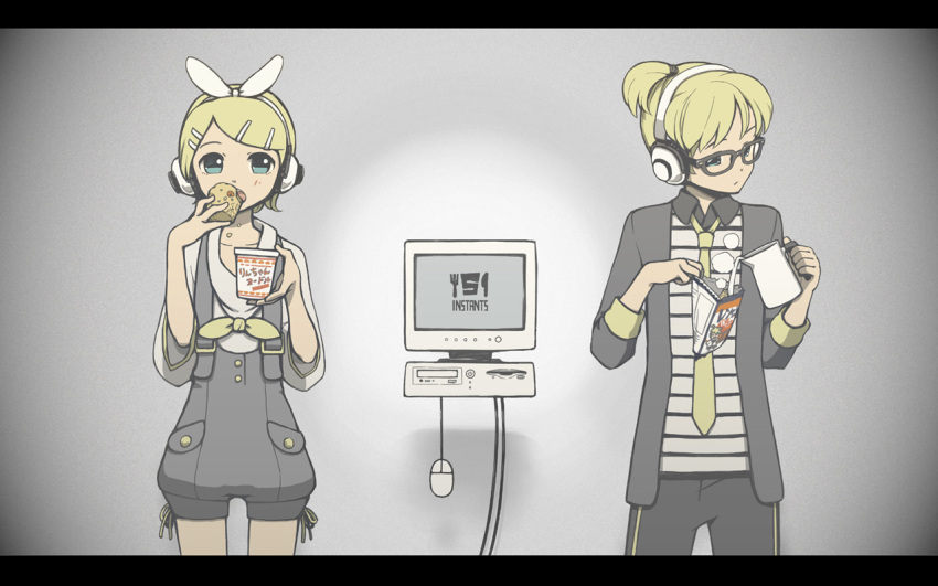 blonde_hair blue_eyes bow computer cup eating food glasses headphones kagamine_len kagamine_rin mouse open_mouth overalls pony_tail ramen steam necktie vocaloid water