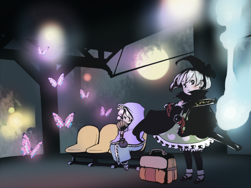 azito7 bag butterfly cloak fan ghost katana konpaku_youmu konpaku_youmu_(ghost) moon multiple_girls myon night pink_hair ribbon saigyouji_yuyuko silver_hair sword touhou weapon