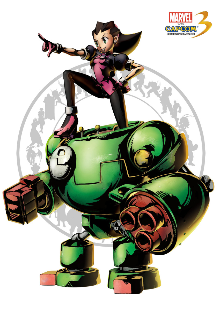 brown_hair capcom crossover crotch_plate earrings gloves green_eyes gustaff hairband hand_on_hip highres jacket jewelry marvel marvel_vs._capcom marvel_vs._capcom_3 marvel_vs_capcom marvel_vs_capcom_3 mecha official_art pantyhose pointing puffy_sleeves resident_evil rockman rockman_dash tron_bonne