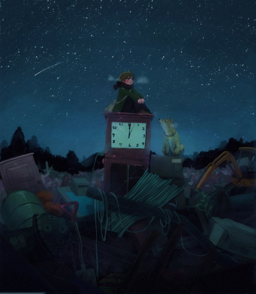 bag blush breath brown_eyes brown_hair clock dark dog grandfather_clock highres junk junkyard looking_up night night_sky original ryouga_(fm59) shooting_star sitting sky solo star star_(sky) starry_sky