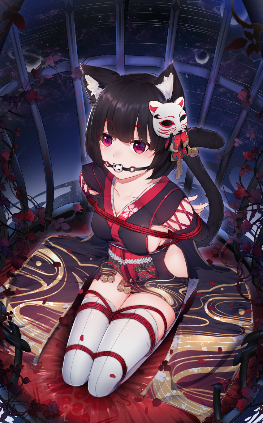 7t absurdres animal_ear_fluff animal_ears arms_behind_back azur_lane ball_gag bdsm black_hair bondage bound bound_arms breasts cage cat_ears cat_girl cat_tail chinese_commentary collarbone commentary_request cushion dutch_angle from_above full_body gag highres in_cage japanese_clothes kimono kneeling large_breasts looking_at_viewer looking_up mask mask_on_head obi obijime petals plant red_eyes red_rope rope sash seiza shibari short_hair short_kimono sideboob sitting sleeveless sleeveless_kimono tail thick_eyebrows thigh-highs thorns vines white_legwear yamashiro_(azur_lane)