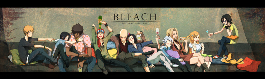 6+boys abarai_renji ayasegawa_yumichika ayusegawa_yumichika bleach blush couch drunk happy highres hitsugaya_toushirou inoue_orihime ishida_uryuu kon kuchiki_rukia kurosaki_ichigo madarame_ikkaku matsumoto_rangiku multiple_boys multiple_girls redpig31 sado_yasutora sleeping