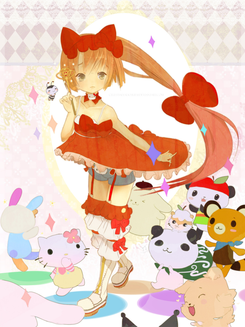 animal animal_ears bear bee boots bow cat cat_ears hello_kitty hello_kitty_to_issho! highres kittyler long_hair nekomura_iroha panda ribbon shorts very_long_hair vocaloid