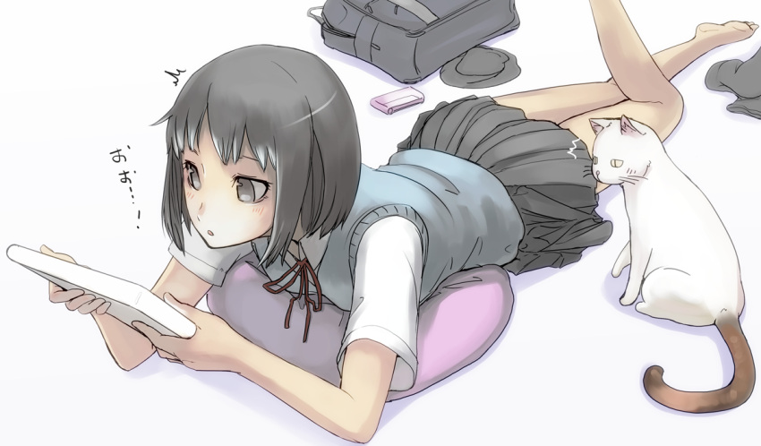 :o animal barefoot black_eyes black_hair cat cushion face leg_up legs lying on_stomach original ribbon school_uniform short_hair skirt solo tea_(artist) vest