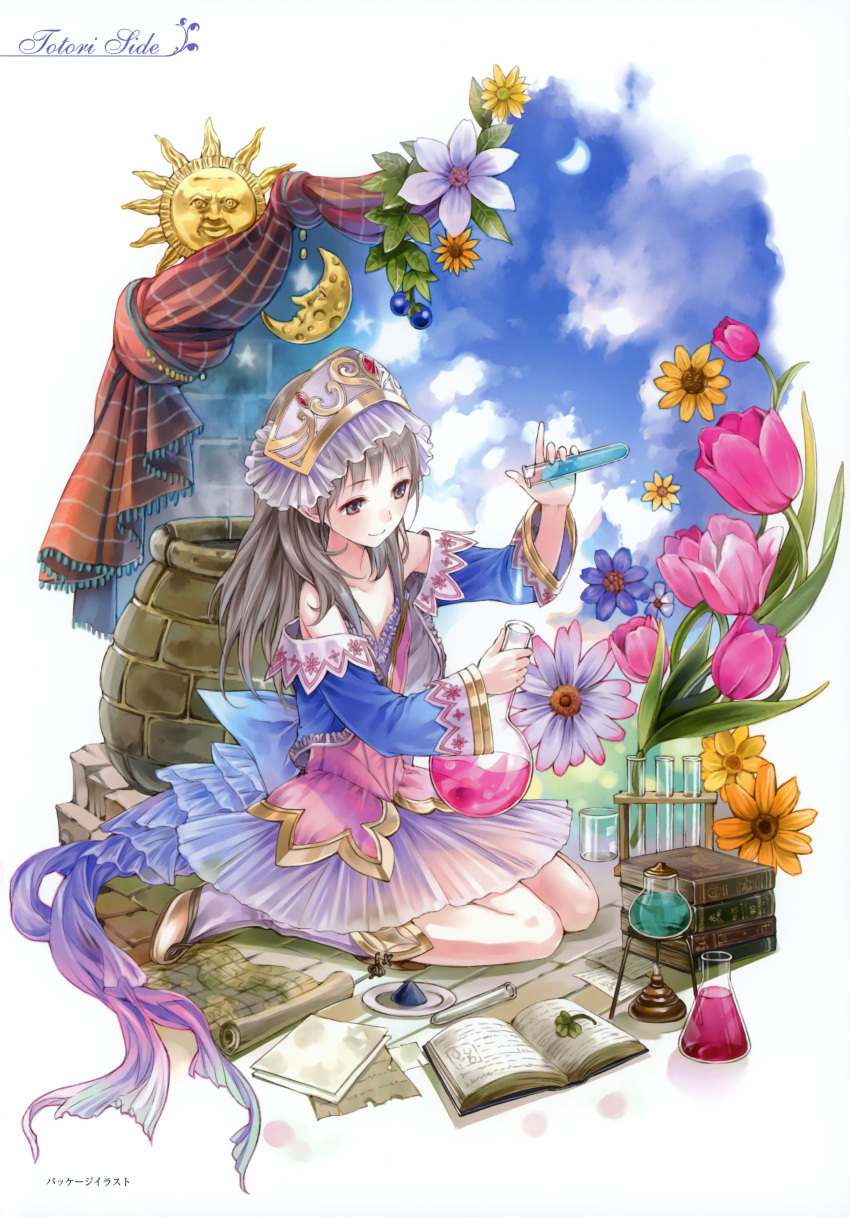 alchemy alcohol_burner atelier atelier_(series) atelier_totori bare_shoulders beaker book boots brown_eyes bunsen_burner cauldron cloud clouds clover dress flask flower grey_hair gust headdress highres kishida_mel long_hair map moon official_art open_book paper plate scroll sitting skirt sky smile solo sun test_tube totooria_helmold vial wariza