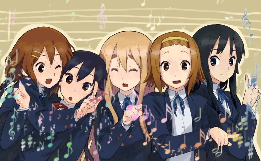 akiyama_mio bad_id black_eyes black_hair blonde_hair brown_eyes brown_hair closed_eyes hairband hirasawa_yui k-on! koma_(artist) kotobuki_tsumugi long_hair multiple_girls nakano_azusa school_uniform short_hair tainaka_ritsu twintails utauyo_miracle