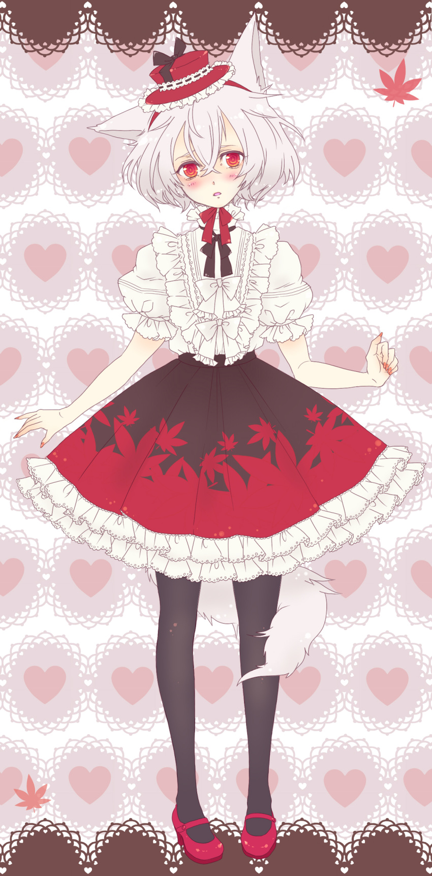 absurdres alternate_costume animal_ears blouse hat heart high_heels highres inubashiri_momiji lolita_fashion mary_janes mini_top_hat pantyhose red_eyes shoes short_hair silver_hair skirt solo tail top_hat touhou wolf_ears wolf_tail yutsumoe