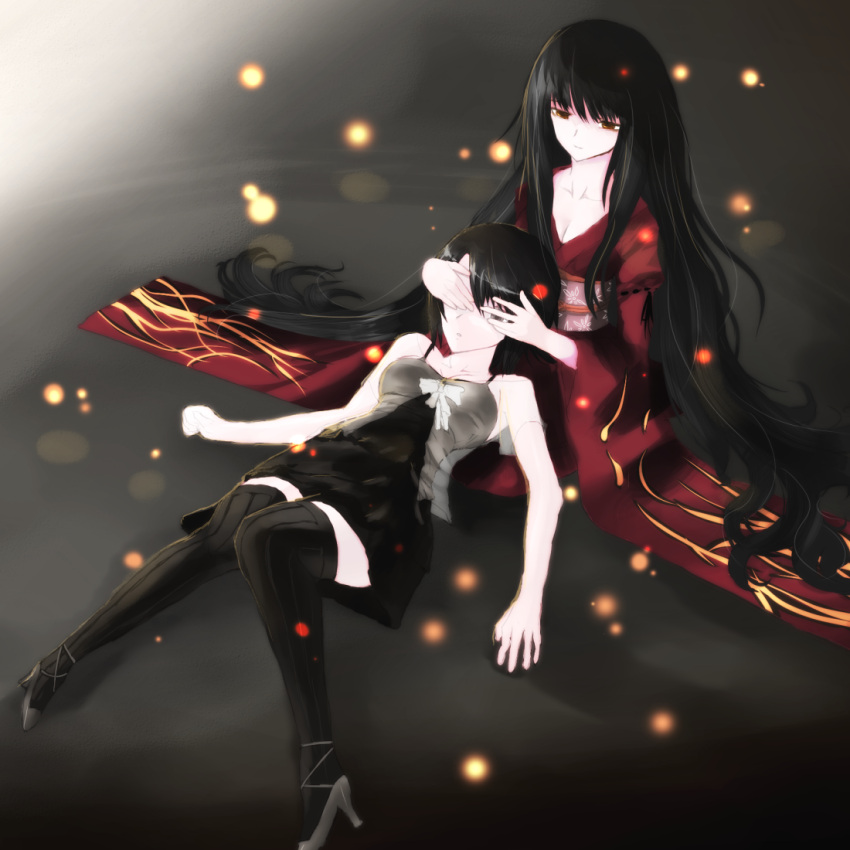 asou_misaki bad_feet black_eyes black_hair blush brown_eyes covering_eyes dress fatal_frame fatal_frame_4 haibara_sakuya high_heels japanese_clothes kimono light_particles long_hair multiple_girls shoes short_hair thigh-highs thighhighs vader_(n.r.t.a.) vertical-striped_legwear vertical-striped_thighhighs vertical_stripes very_long_hair