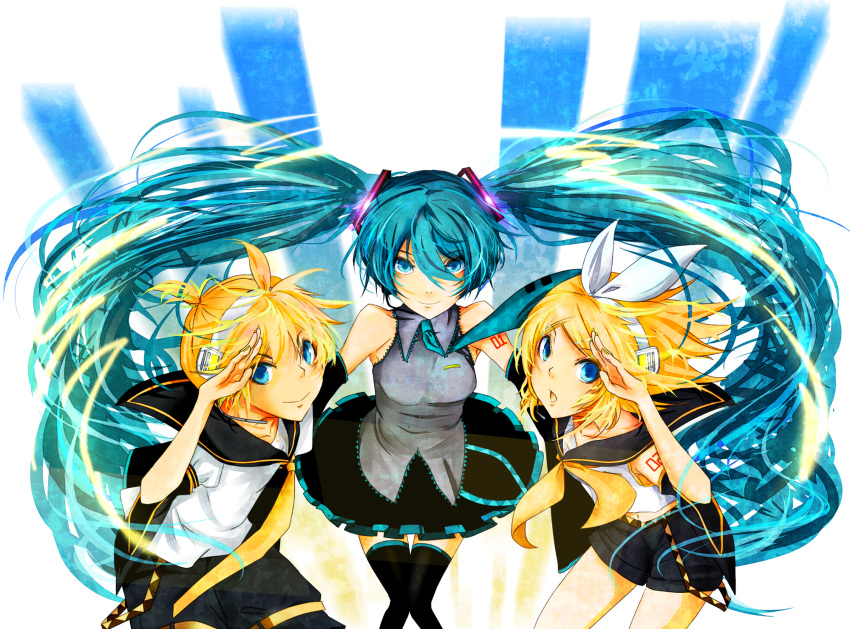 aqua_eyes aqua_hair blonde_hair detached_sleeves hair_ornament hair_ribbon hairclip hatsune_miku headphones headset highres kagamine_len kagamine_rin long_hair ribbon short_hair skirt smile thigh-highs thighhighs twintails vocaloid