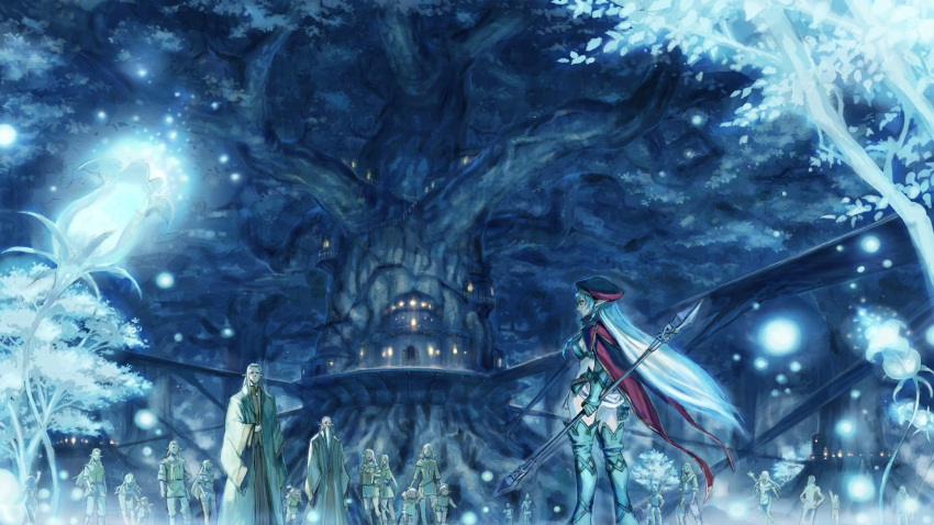 back blonde_hair bridge elbow_gloves elf flower forest gloves hat highres long_hair nature pointy_ears queen's_blade robe screencap tree treehouse tribe village