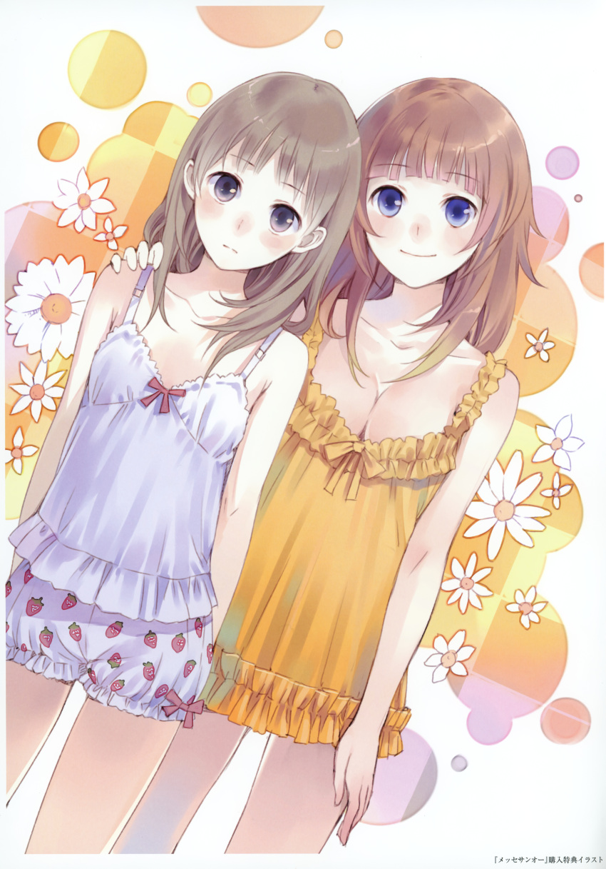 absurdres atelier_(series) atelier_rorona atelier_totori bloomers blue_eyes blush breasts brown_eyes brown_hair camisole character_request cleavage flower food_themed_clothes highres kishida_mel multiple_girls nightgown orange_dress print_bloomers purple_eyes rororina_fryxell smile strawberry_print totooria_helmold violet_eyes