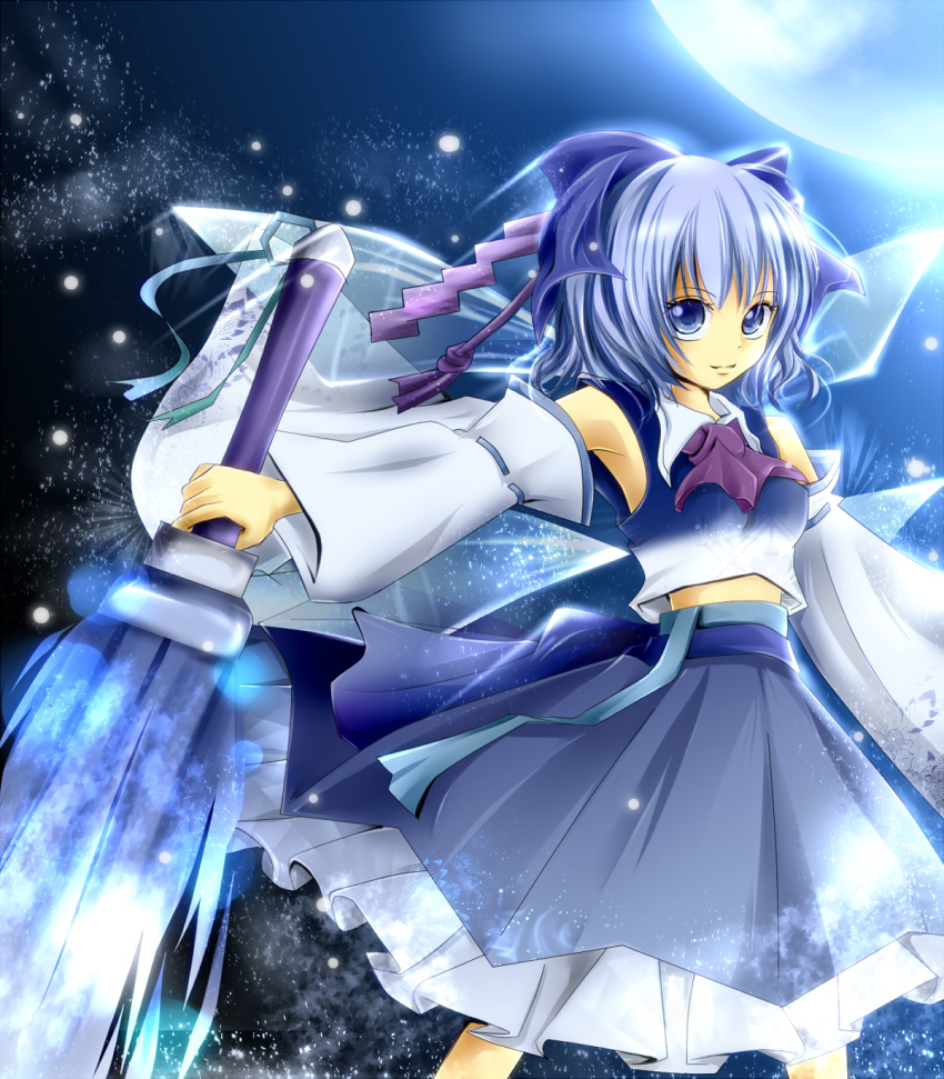 bare_shoulders blue_eyes blue_hair bow breasts cirno cosplay detached_sleeves full_moon hair_bow hakurei_reimu hakurei_reimu_(cosplay) highres ice_sword japanese_clothes midriff miko moon rikkunia skirt smile solo sword touhou weapon wings