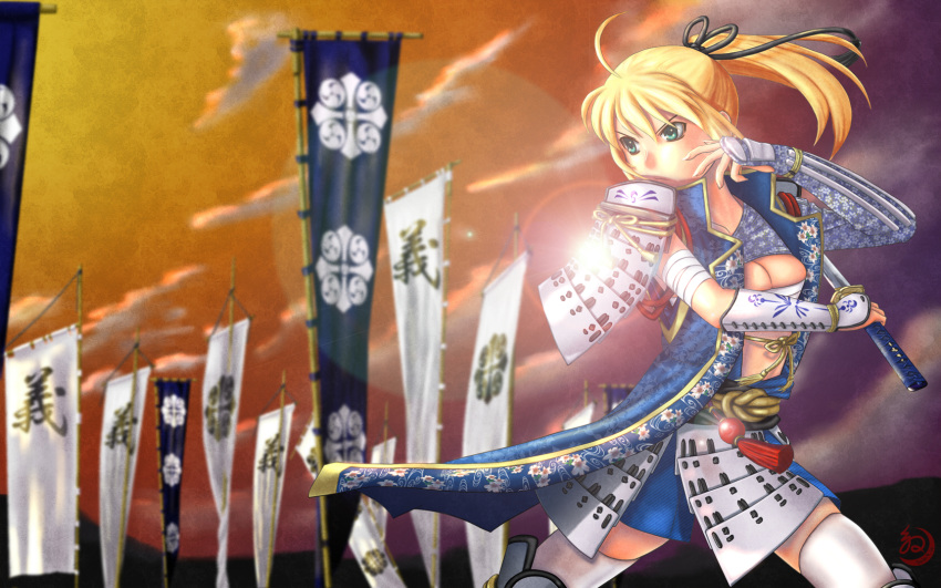 alternate_costume alternate_hairstyle armor artist_request banner blonde_hair bow breasts cleavage crest fate/stay_night fate_(series) flag flower green_eyes highres japanese_clothes katana kusazuri lens_flare ponytail saber samurai samurai_armor sarashi short_hair sky sode sword thigh-highs thighhighs wallpaper weapon zettai_ryouiki