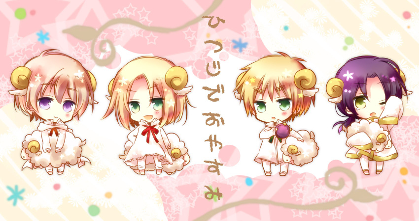 aplerichi axis_powers_hetalia blonde_hair blush chibi china_(hetalia) green_eyes highres horns light_smile multiple_boys open_mouth poland_(hetalia) purple_eyes purple_hair russia_(hetalia) sheep smile tears united_kingdom_(hetalia) violet_eyes wink yellow_eyes