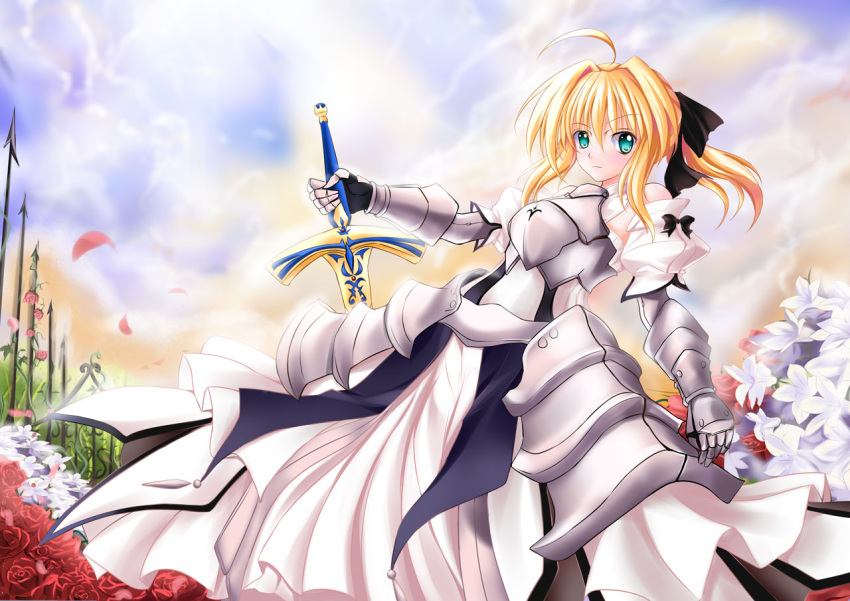 armor armored_dress blonde_hair caliburn dress fate/stay_night fate/unlimited_codes fate_(series) faulds flower green_eyes milelunar millelunar ponytail saber saber_lily short_hair sky solo sword weapon