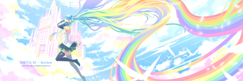 belt bird castle closed_eyes cloud clouds detached_sleeves feather hatsune_miku headphones highres long_hair multicolored_hair musical_note myhilary necktie open_mouth rainbow rainbow_hair singing skirt sky tattoo thigh_boots thighhighs treble_clef twintails very_long_hair vocaloid watermark