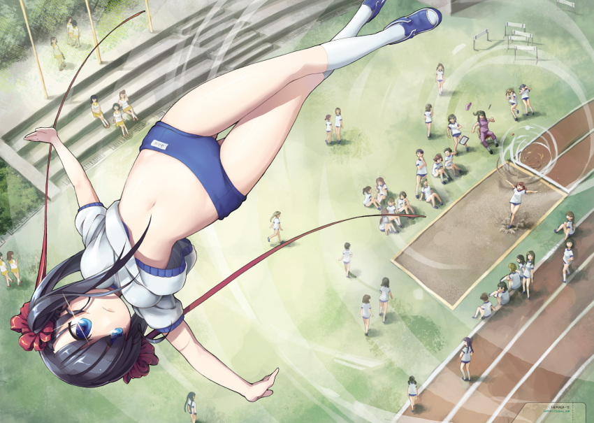 black_hair blue_eyes breasts buruma crossed_legs_(standing) from_above gym_uniform hair_ribbon high_jump highres jumping legs lena_(zoal) lowleg midair midriff navel original outstretched_arms ribbon school_uniform socks solo spread_arms thigh_gap track track_and_field twintails