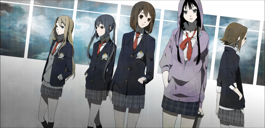 edit hand_in_pocket highres hirasawa_yui hoodie k-on! kotobuki_tsumugi kurage nakano_azusa necktie no_thank_you no_thank_you! photoshop plaid school_uniform skirt spray_paint sweater_vest tainaka_ritsu tartan twintails wallpaper